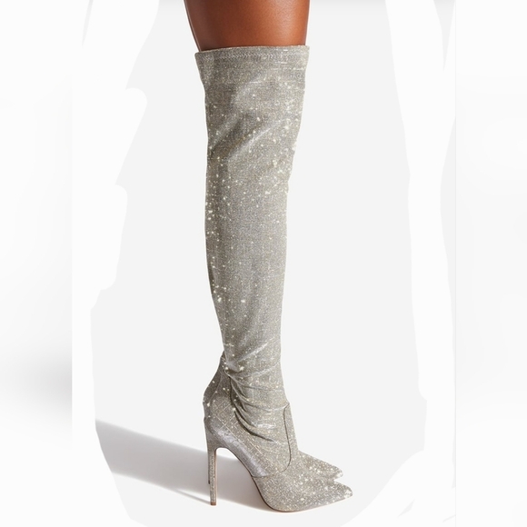 New! Silver gold sparkle boots stiletto heels thigh high stretchy size 8 wide - Picture 3 of 16